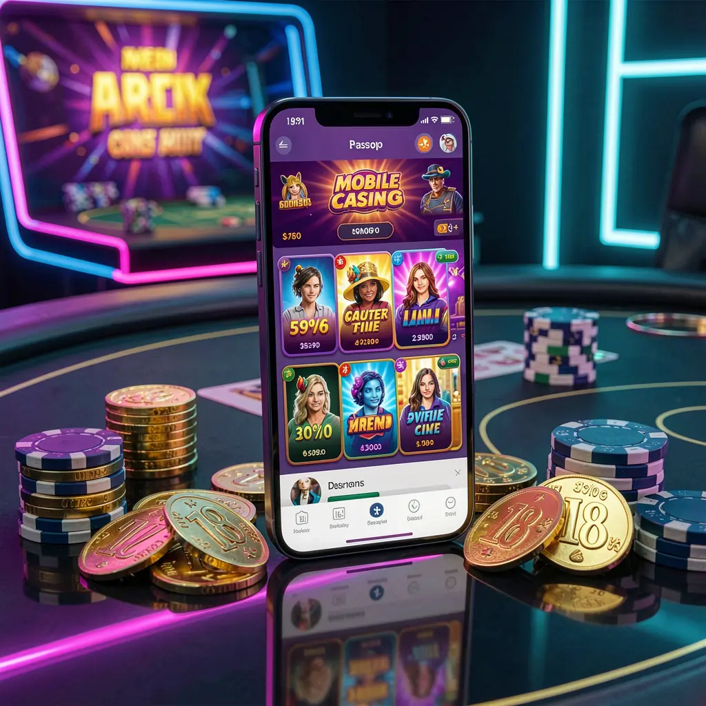 568JILI mobile casino dashboard on smartphone displaying colorful gaming interface with golden coins and poker chips on glossy table under elegant neon lighting