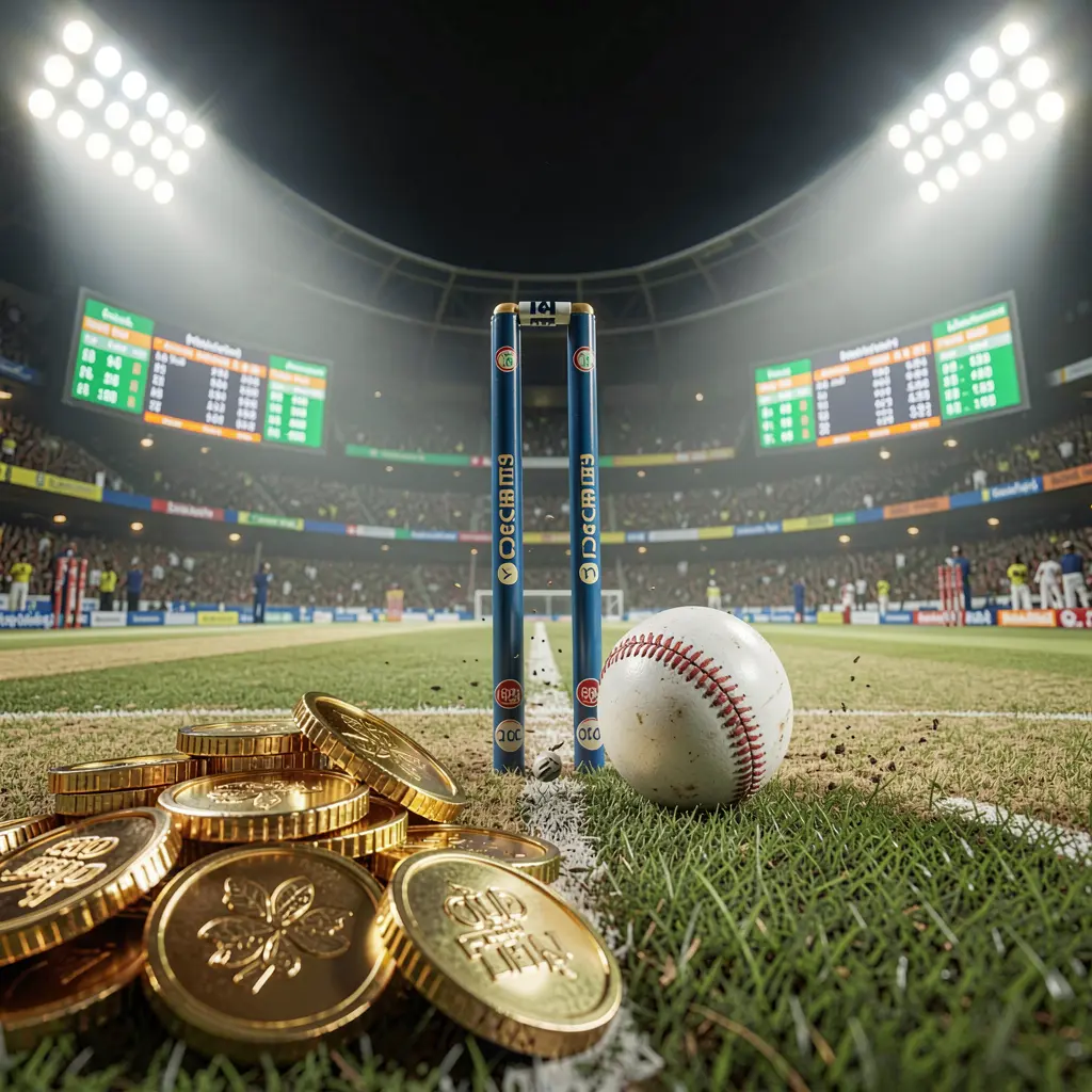 Live cricket betting scene featuring a cricket pitch illuminated by bright stadium lights, wickets, ball, golden coins, and glowing odds panels, showcasing 568JILI's realistic and cinematic betting experience