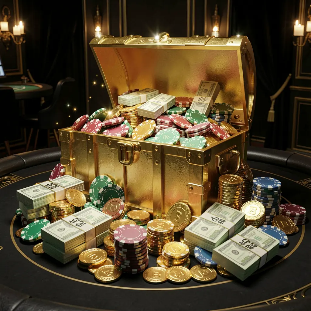 568JILI casino rewards scene featuring a golden treasure chest overflowing with chips, cash bundles, and sparkling coins in an elegant black and gold style with dramatic lighting