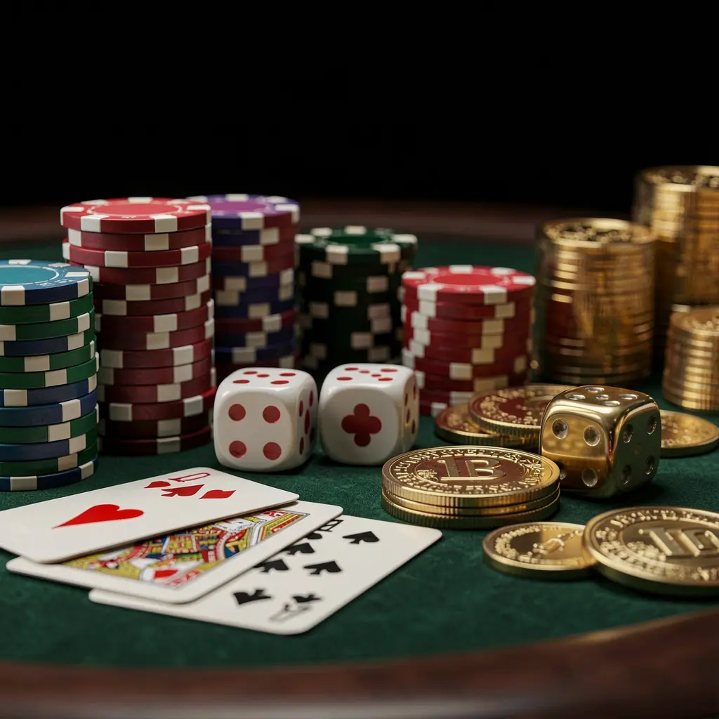 Elegant casino table featuring poker chips, playing cards, dice, and gold coins with soft cinematic lighting on a luxury black background, showcasing 568JILI's realistic 3D casino game design