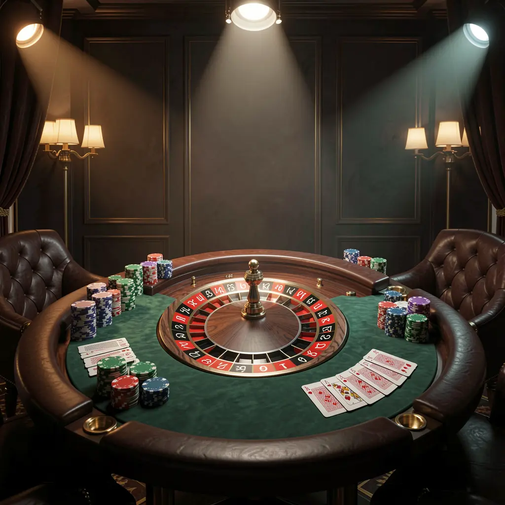 568JILI live casino scene featuring a roulette table, playing cards, and chips under glowing spotlights with a dark elegant background in a cinematic 3D style