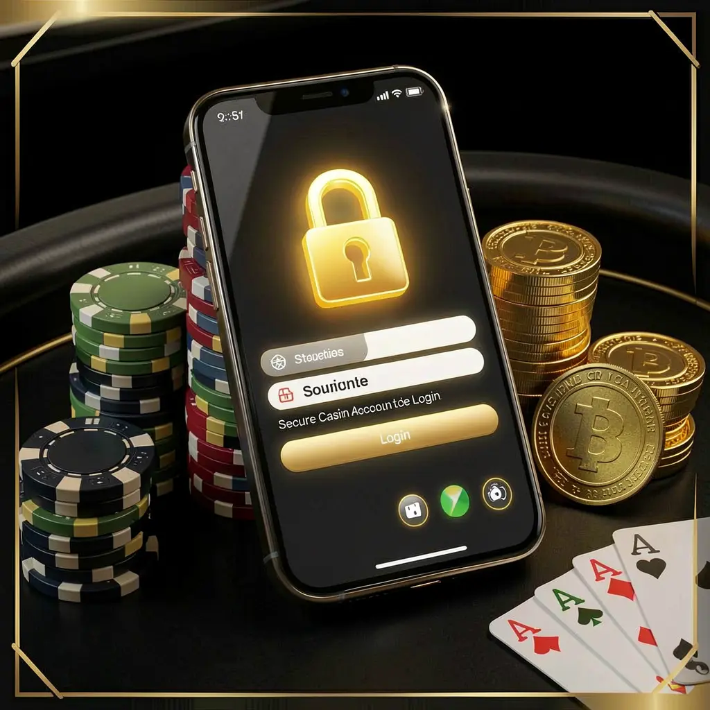 Secure casino account login concept with glowing lock icon on smartphone screen surrounded by poker chips, playing cards, and golden coins on an elegant black and gold background featuring 568JILI branding