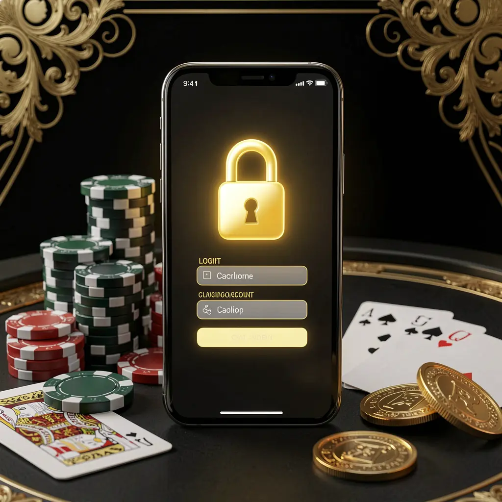 568JILI secure casino account login concept featuring a glowing lock icon on a smartphone screen surrounded by poker chips, playing cards, and golden coins against an elegant black and gold background in a realistic 3D render