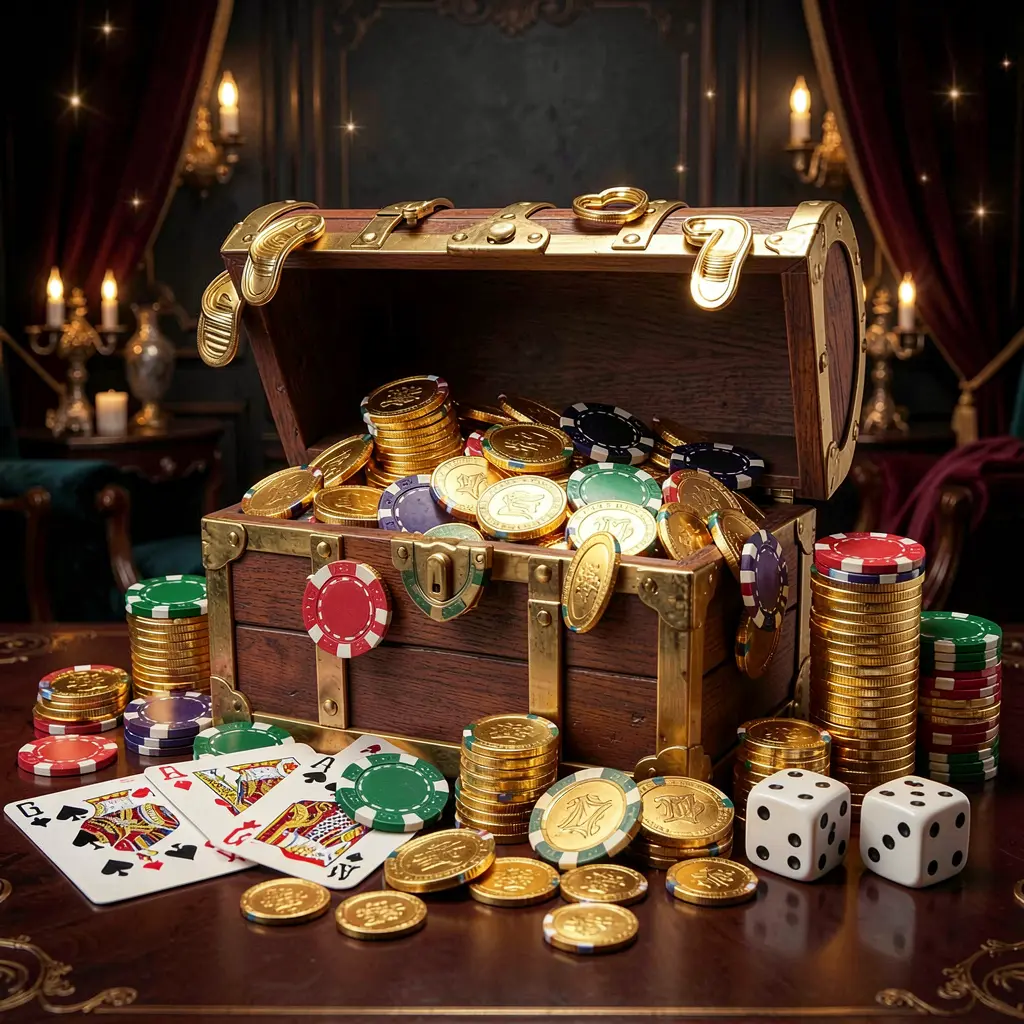 568JILI online casino welcome banner featuring a treasure chest filled with golden coins and casino chips, playing cards and dice nearby against a dark luxury background with a festive premium atmosphere